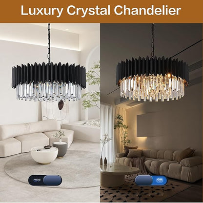 Black Crystal Chandelier 3-Tier Modern Large Crystal Chandelier Semi Flush Mount Chandelier Light Round Ceiling Light Fixture Ceiling Lamp Chandelier for Dining Room Living Room Bedroom