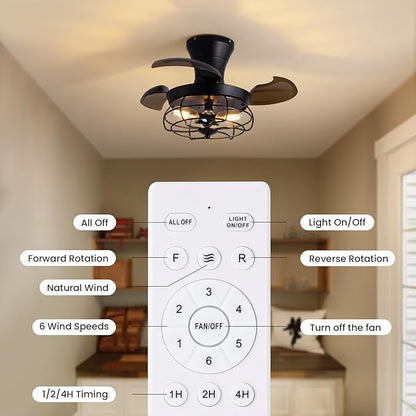 22" Retractable Ceiling Fans with Lights, Black Caged Fandelier Ceiling Fans with Remote, 6 Wind Speeds,Invisible Blades, Industrial Flush Mount Small Ceiling Fan for Bedroom Living Room