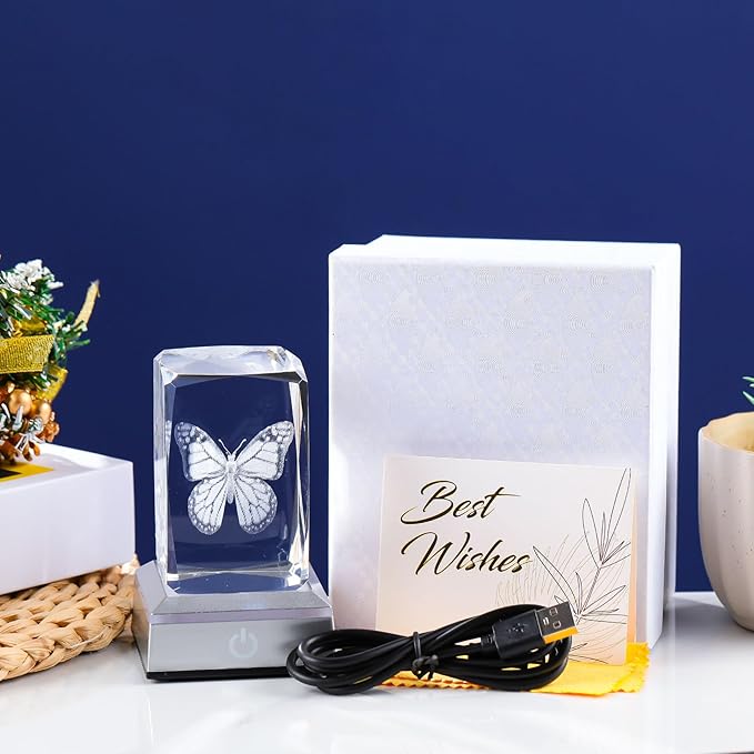 3D Crystal Butterfly for Mom Women or Men, Laser Etched Glass Butterfly Figurine Decor Stuff with Colorful LED Base Nature Lovers Keepsakes Paperweight Gifts for Birthday