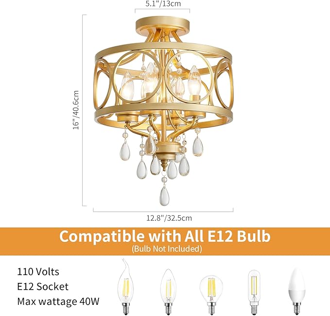 Crystal Ceiling Light Fixture, Modern Semi Flush Mount Ceiling Light, 4-Light Gold Round Crystal Chandelier Hallway Lighting Fixtures for Bedroom Bathroom Foyer Entryway Dining Room Kitchen