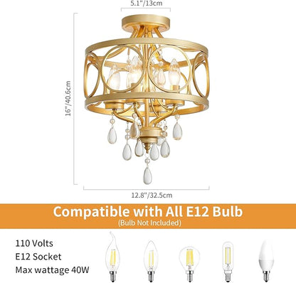 Crystal Ceiling Light Fixture, Modern Semi Flush Mount Ceiling Light, 4-Light Gold Round Crystal Chandelier Hallway Lighting Fixtures for Bedroom Bathroom Foyer Entryway Dining Room Kitchen