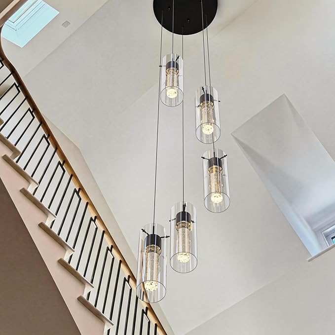 Tawson Alice 5-Light Chandelier Pendant Ceiling Light, Integrated Led and Bubble Glass, for Kitchen Island, Hallway, Entryway, Passway, Dining Room, Bedroom, Balcony Living Room (Black)