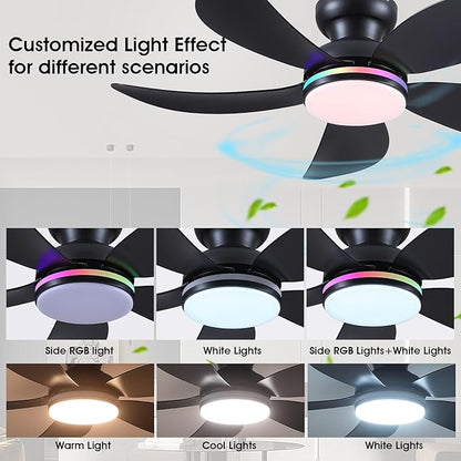 PHORUS 42" Black RGB Ceiling Fans with Lights and Remote/APP,Low Profile Ceiling Fans with Quiet Reversible DC Motor,Small Modern Flush Mount Ceiling Fan Light for Bedroom Kids Room