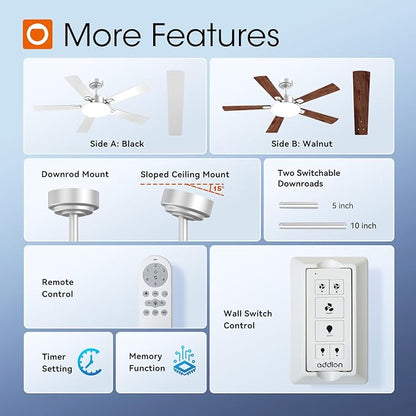 addlon Ceiling Fans with Lights, 52 inch Silver Ceiling fan with Light and Remote Control, Reversible, 3CCT, Dimmable, Noiseless, Ceiling Fan for Bedroom, Farmhouse, living room, Indoor/Outdoor Use
