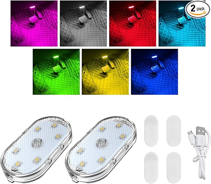 Wevdn 2 PCS Car LED Lights Interior Wireless, Sticky Car Ambient Lighting with 6 Bright LED Lamp Beads, Portable USB Rechargeable Vehicle Interior Led Night Light for Car (Colorful)