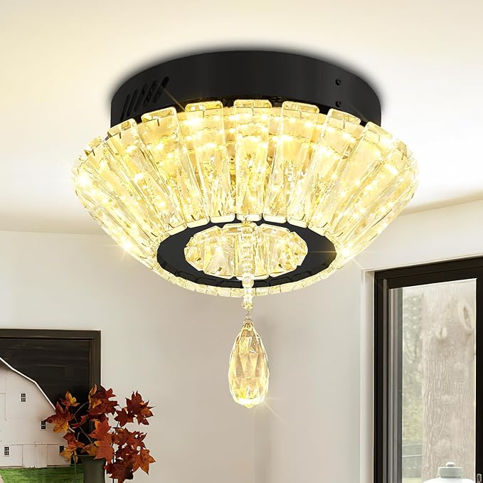 Black 12'' LED Mini Crystal Chandelier Dimmable Flush Mount Ceiling Light for Hallway Modern Living Room Bedroom Dining Room Foyer