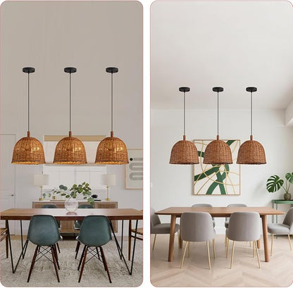 HUEHENGHAO 3-Light Dark Brown Rattan Pendant Light, 13.78" Basket Chandelier Farmhouse Wicker Pendant Light, Basket Wicker Chandelier for Dining Room Kitchen Island Living Room Famhouse