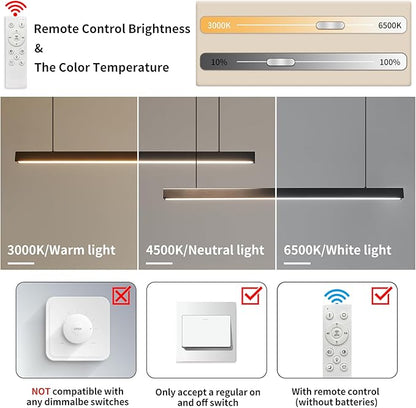 Modern 2-Light Chandelier, 47IN+47IN Pendant Light Fixtures Hanging with Remote Control 3000k-6500K Adjustable Color Temperature，Aluminum Island Lighting Lamp for Dining Room, Living Room