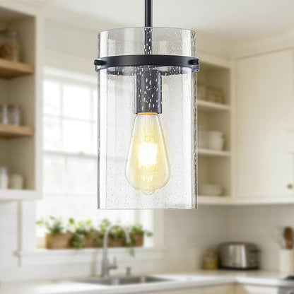 1 Pack Seeded Glass Pendant Lights Kitchen Island, 5.5" Hanging Farmhouse Pendant Light Fixtures, Black Pendant Lighting Island Lights for Kitchen Over Sink Entryway Hallway