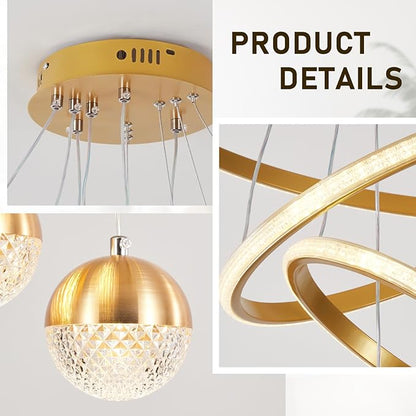 Modern Led Chandeliers 3-Color Dimmable Gold LED Chandelier Pendant Light with Remote Adjustable Hanging Pendant Light Fixture for Dining Room Living Room Bedroom Entryway
