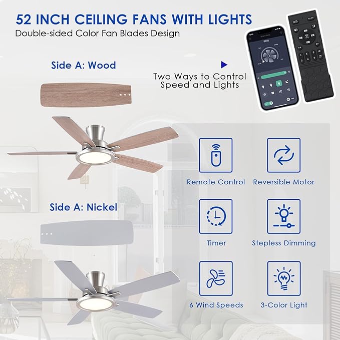 BYKISTOK 52“ Ceiling Fan with Lights and Remote/APP - Flush Mount Low Profile Ceiling Fan Light with 3CCT Dimmable, 6 Speeds Reversible, Modern Fan Light Fixture for Indoor, Covered Patios, Nickel