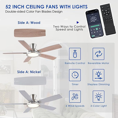 BYKISTOK 52“ Ceiling Fan with Lights and Remote/APP - Flush Mount Low Profile Ceiling Fan Light with 3CCT Dimmable, 6 Speeds Reversible, Modern Fan Light Fixture for Indoor, Covered Patios, Nickel