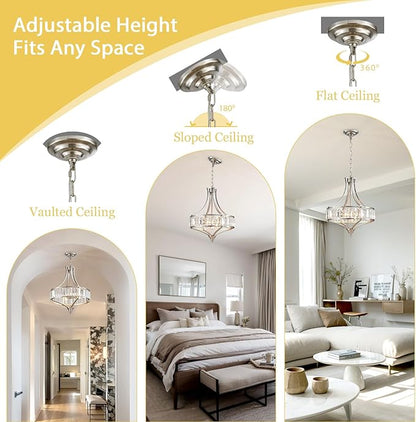 Brushed Nickel Crystal Chandeliers for Dining Room, Modern Round Light Fixture for Kitchen Hallway Bedroom Foyer Living Room, 4 Lights Farmhouse Adjustable Height Hanging Light, 16 Inch