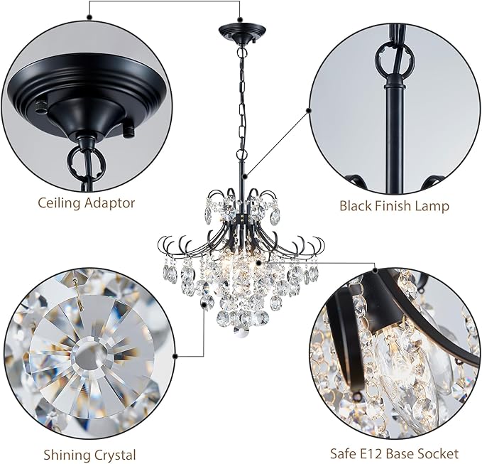 Black Crystal Chandeliers, 4-Light Modern Dining Room Light Fixture, Living Room Bedroom Pendant Ceiling Lamp, Industry Adjustable Hanging Light, H 17.7'' x W 18.1''