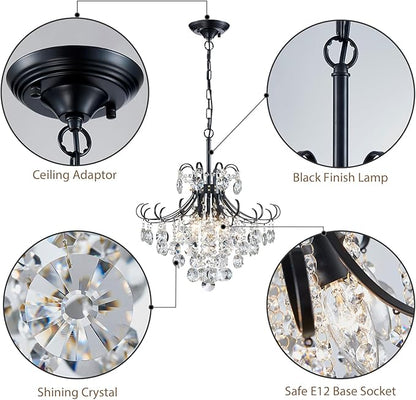 Black Crystal Chandeliers, 4-Light Modern Dining Room Light Fixture, Living Room Bedroom Pendant Ceiling Lamp, Industry Adjustable Hanging Light, H 17.7'' x W 18.1''