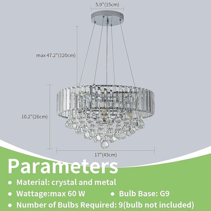 HOPGGIE 17 Inch Crystal Chandeliers Flush Mount Chandelier G9 Base Round Modern Ceiling Light Fixture Pendant Lighting for Living Room Dining Room Laundry Room Kitchen Bedroom (Chrome)