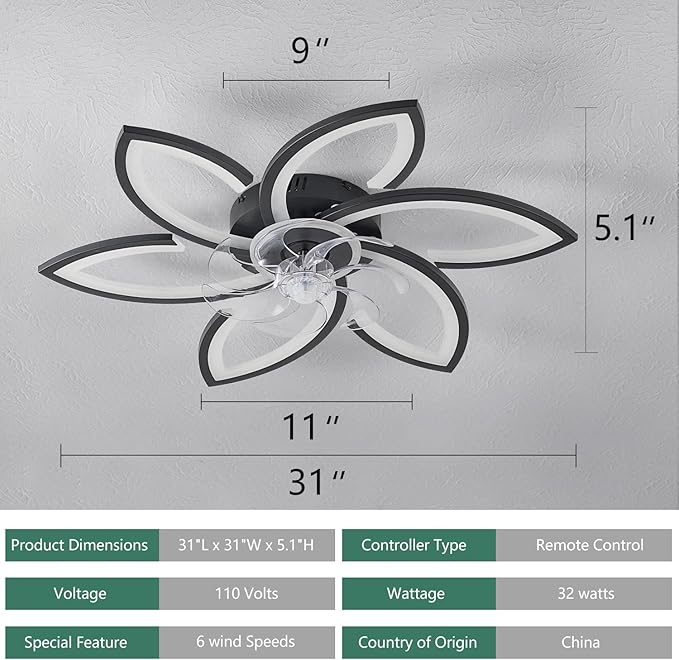 30inch Black Flower Modern CeilingFans with Lights, Low Profile Ceiling Fan with Remote for bedroom, Flush Mount Ceiling Fan with LED Dimmable Light,6-Speeds, Timing Ceiling Fan Light