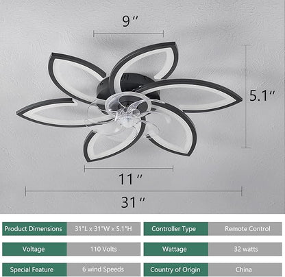 30inch Black Flower Modern CeilingFans with Lights, Low Profile Ceiling Fan with Remote for bedroom, Flush Mount Ceiling Fan with LED Dimmable Light,6-Speeds, Timing Ceiling Fan Light