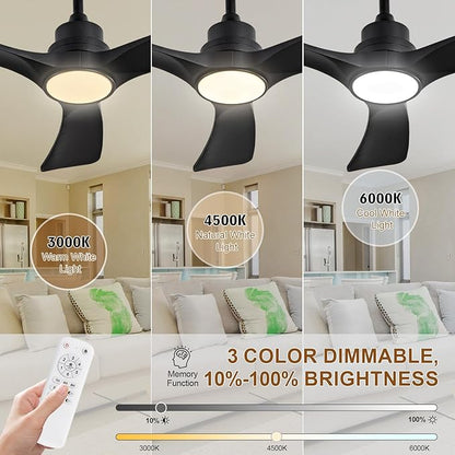 Black Ceiling Fan with Light,42 inch Solid Wood Ceiling Fan,Remote Control,Wall Switch,Dimmable,Reversible Quiet DC Motor,Power Off Memory Modern Ceiling Fans for Bedroom Patio Indoor/Outdoor
