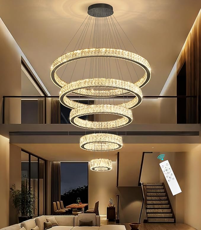 Modern High Ceiling Crystal Chandelier 90W Dimmable LED Chandeliers with Remote Luxury Height Adjustable Large Lighting Fixtures for Living Room Staircase Foyer Black