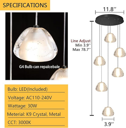 6-Lights Modern Crystal Chandelier for Entrance LED Pendant Light for Kitchen Island Foyer Living Room Bedroom Staircase 3000K