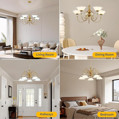 5-Light Vintage Chandeliers in Matte Brass Finish with White Glass Shades, Retro Chandelier Light for Dining Room, Hallway, Kitchen
