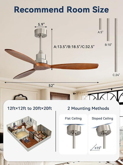 Sofucor Ceiling Fan no Lights, 52 Inch Modern Wood Ceiling Fan with Remote, 3 Wooden Blades and 3 White Downrods, for Indoor Bedroom Living Room Outdoor Patio Porch, Reversible DC Motor, Brown