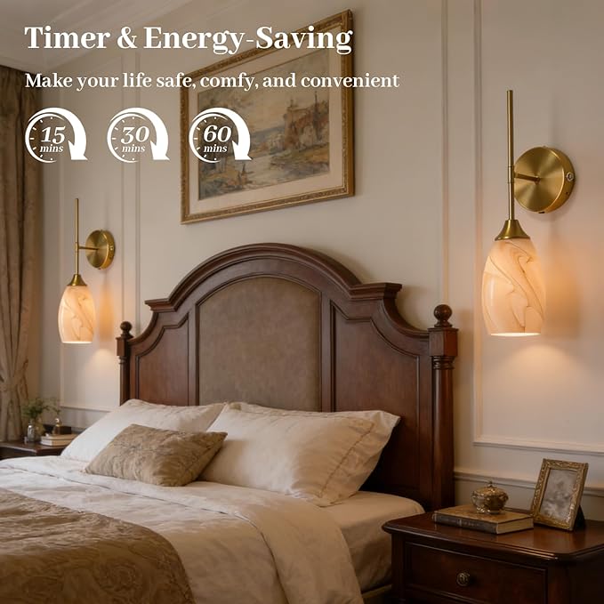 Alabaster Battery Operated Wall Sconces Set of 2, Gold Rechargeable Wireless Wall Sconces with Hand-Blown Glass, Remote Control, Magnetic Mount,Dimmable 3 colors for Bedroom Living Room Hallway