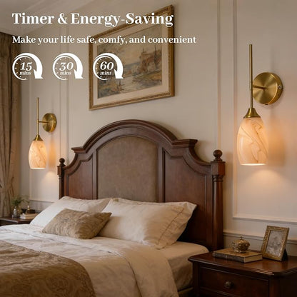 Alabaster Battery Operated Wall Sconces Set of 2, Gold Rechargeable Wireless Wall Sconces with Hand-Blown Glass, Remote Control, Magnetic Mount,Dimmable 3 colors for Bedroom Living Room Hallway