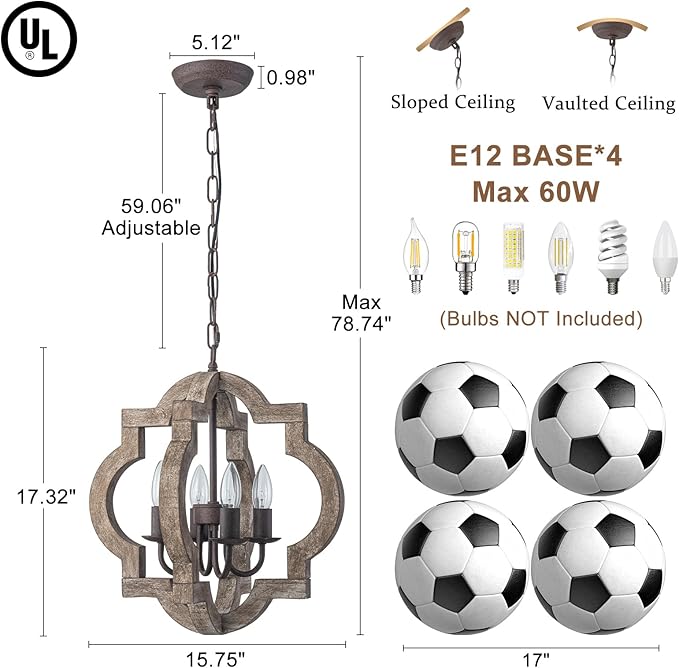16" Oak Farmhouse Chandeliers for Dining Room Distressed Wood Pendant Light Fixture 4-Light Rustic Ceiling Hanging Light over Table for Kitchen Island Bedroom Entryway Foyer Dimmable & Ajustable Heigh