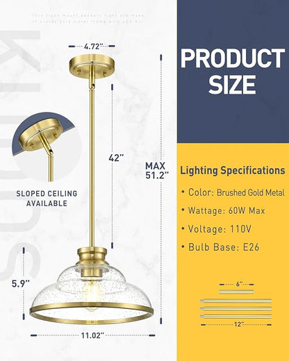 kudos Gold Pendant Lights Kitchen Island, 11" Brass Kitchen Island Lighting with Seeded Glass, Farmhouse Pendant Light fixtures for Kitchen Sink Dining Room Hallways, KDPL14-GD