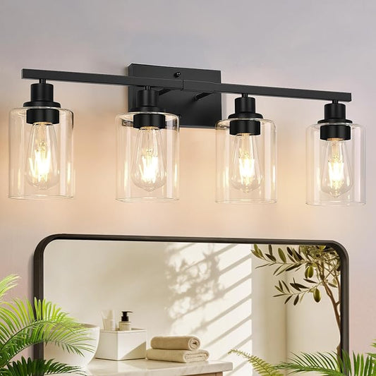 MOKATNG 4-Light Bathroom Light Fixtures, Vanity Light with Clear Glass Shades, Matte Black Bathroom Light Fixtures Over Mirror, Modern Bathroom Wall Lamp for Mirror Living Room Cabinet Bedroom