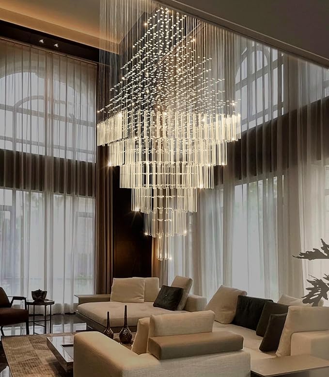 HAIXIANG W32 x H120 Glam Chandelier with LED Bulbs Square Chandeliers, Crystal Raindrop High Ceiling Pendant Light for Entrance Large Villa Chandelier Foyer Lighting Fixtures Silver