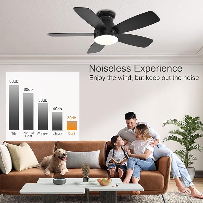 JSAITEE Ceiling Fans with Lights, 42 Inch Low Profile Ceiling Fan with Light and Remote/App Control, Flush Mount, Reversible, 3CCT, Dimmable, Noiseless, Black Ceiling Fan for Indoor/Outdoor Use