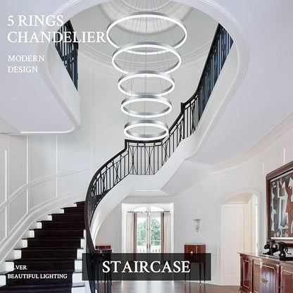Modern LED Chandelier for Foyer Dimmable Silver High Ceiling Chandeliers Foyer with Remote Control for Entryway Dining Room Living Room Staircase, 3000K-6500K(5-Rings D23.6’’)