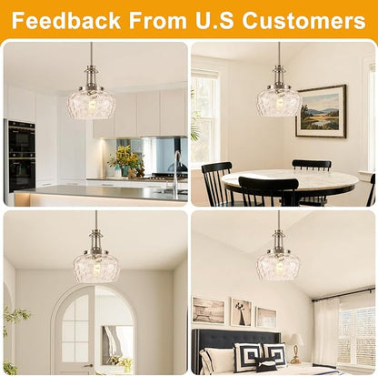 Modern Pendant Lights Kitchen Island, Brushed Nickel Pendant Light Fixtures with 10" Clear Hammered Glass Shade, Industrial Hanging Pendant Lights Fixture for Kitchen Island Dining Room Bedroom Foyer