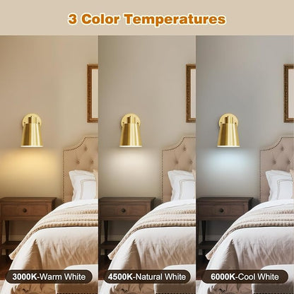 Gold Battery Operated Wall Sconces Set of Two with Remote, Rechargeable Battery Powered Wall Lights, 3 Color Temperature, Dimmable, Modern Wireless Wall Lamps for Bedroom Living Room Hallway