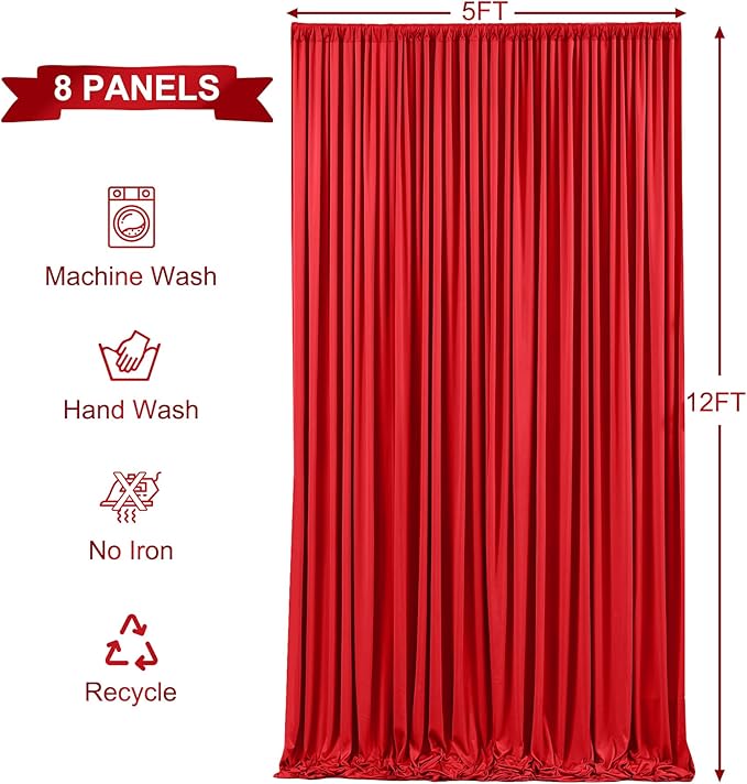 8 Panels Red Backdrop Curtains for Wedding Party Wrinkle Free Backdrops Curtain Drapes Fabric Decorations Photo Back Drop Cloth for Baby Shower Photography Stage Reception 40ft(W) x 12ft(H)