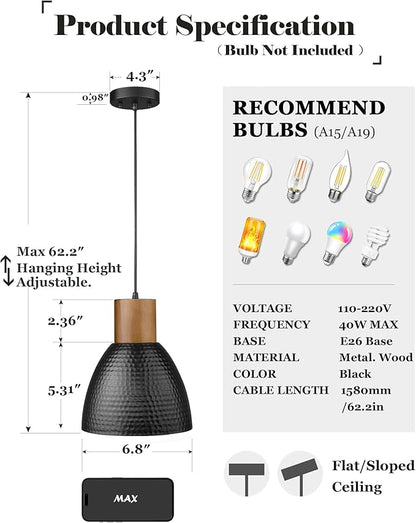 ELYONA 3 Pack Hammered Pendant Lights for Kitchen Island 7” Small Metal Solid Wood Hanging Light Fixtures Adjustable Height Farmhouse Pendant Lighting for Dining Room Bedroom Bar Office, Modern Black