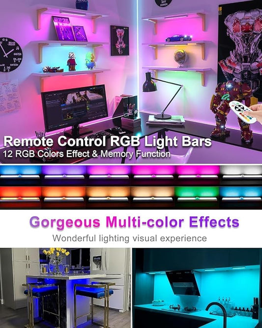 Diomart Under Cabinet Lighting, RGB Rechargeable Motion Sensor Light Indoor Night Lights, 58-LED Remote Control Under Counter Lights for Kitchen, Wardrobe, Hallway, Stairs, Desk (4 Pack)