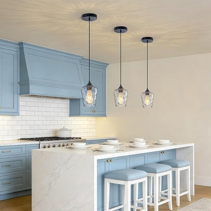 3 Pack Mini 5.1" Glass Pendant Lights Kitchen Island Lighting, Small Black Hammered Glass Pendant Light Fixtures, Black Hammered Glass Island Lights for Kitchen for Dining Room Sink