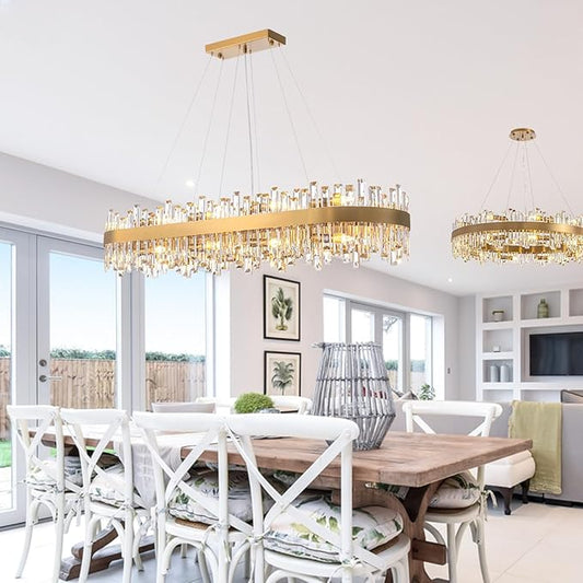 L52'' Modern Crystal Chandelier for Dining Room, 20-Light Gold Rectangular 2-Tiers K9 Crystal Raindrop Chandelier Flush Mount Pendant Ceiling Light for Dining Living Room Kitchen Island