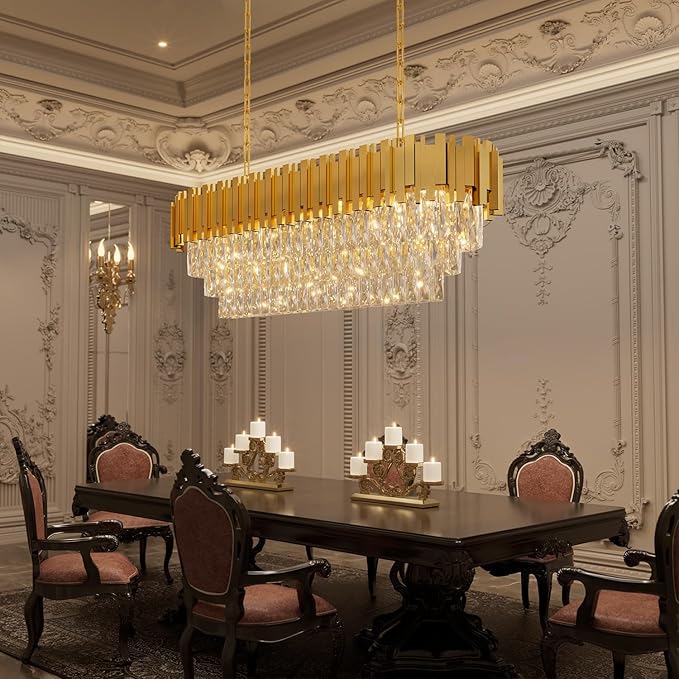 40'' L Modern Crystal Chandeliers for Dining Room 10 Lights Gold Chandelier Large Luxury Rectangular Crystal Chandelier Pendant Light Fixture, Kitchen Island,Entryway,Living Room