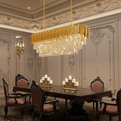 40'' L Modern Crystal Chandeliers for Dining Room 10 Lights Gold Chandelier Large Luxury Rectangular Crystal Chandelier Pendant Light Fixture, Kitchen Island,Entryway,Living Room