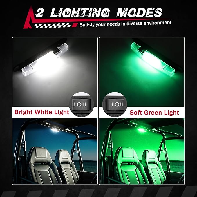 UTV Interior Dome Light with Switch, FASTCHOY AUTO Roll Bar Cage Mount Dome Light Battery Powered Universal Roll Bar Mount Lights for UTV ATV Side by Side Can-Am Polaris RZR - White/Green (2 Pack)