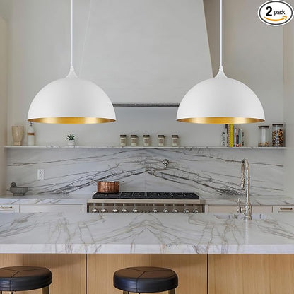 White Pendant Lights Kitchen Island 2 Pack, 14 Inch Large Dome Pendant Light, White and Gold Farmhouse Pendant Light, Island Pendant Lights for Kitchen, Dining Room