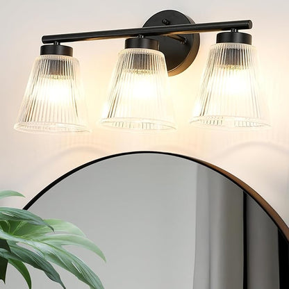 OCIOC Black Bathroom Vanity Lights, 3-Light Modern Bathroom Light Fixtures with Striped Glass Shade, Bathroom Wall Lamp over Mirror, for Living Room, Bedroom, Hallway,Cabinet Porch