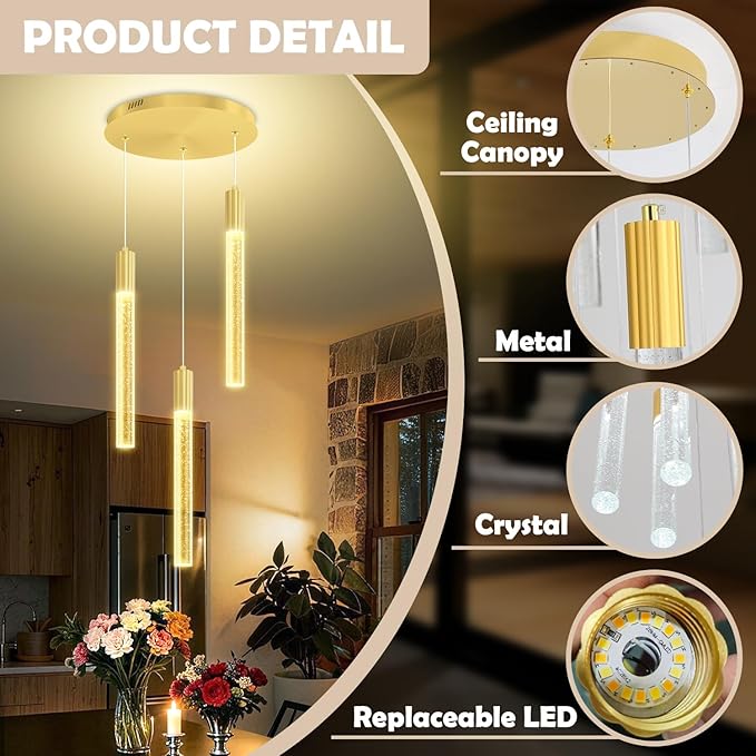 LED Modern Bubble Crystal Pendant Light for Kitchen Island Dining Room Living Room Foyer Remote Dimmable Gold Hanging Ceiling Fixture
