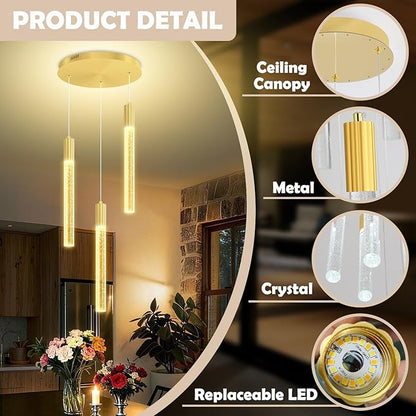 LED Modern Bubble Crystal Pendant Light for Kitchen Island Dining Room Living Room Foyer Remote Dimmable Gold Hanging Ceiling Fixture