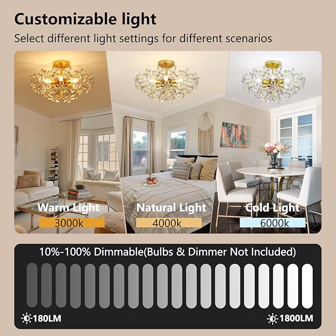 Gold Flower Crystal Ceiling Light 18'' Vintage Semi Flush Mount Light Fixture 6-Light Farmhouse Chandelier for Dining Room, Living Room, Kitchen, Bedroom, Entryway, E12 Base (AJ9010)